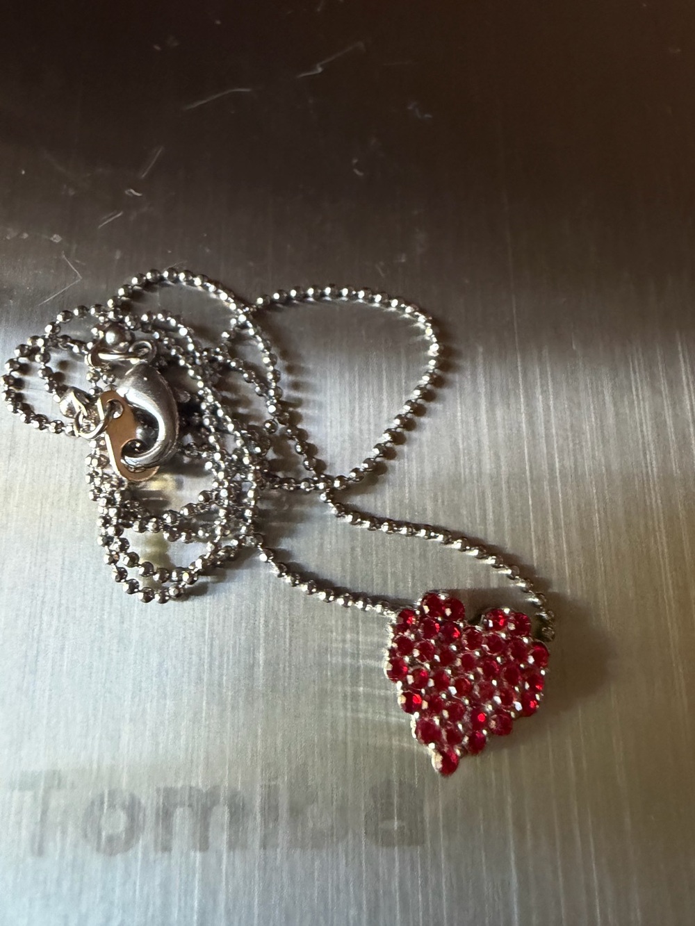 Vintage Petite Tiny Floating Red Heart Crystal Bead 16” Necklace and Pendant